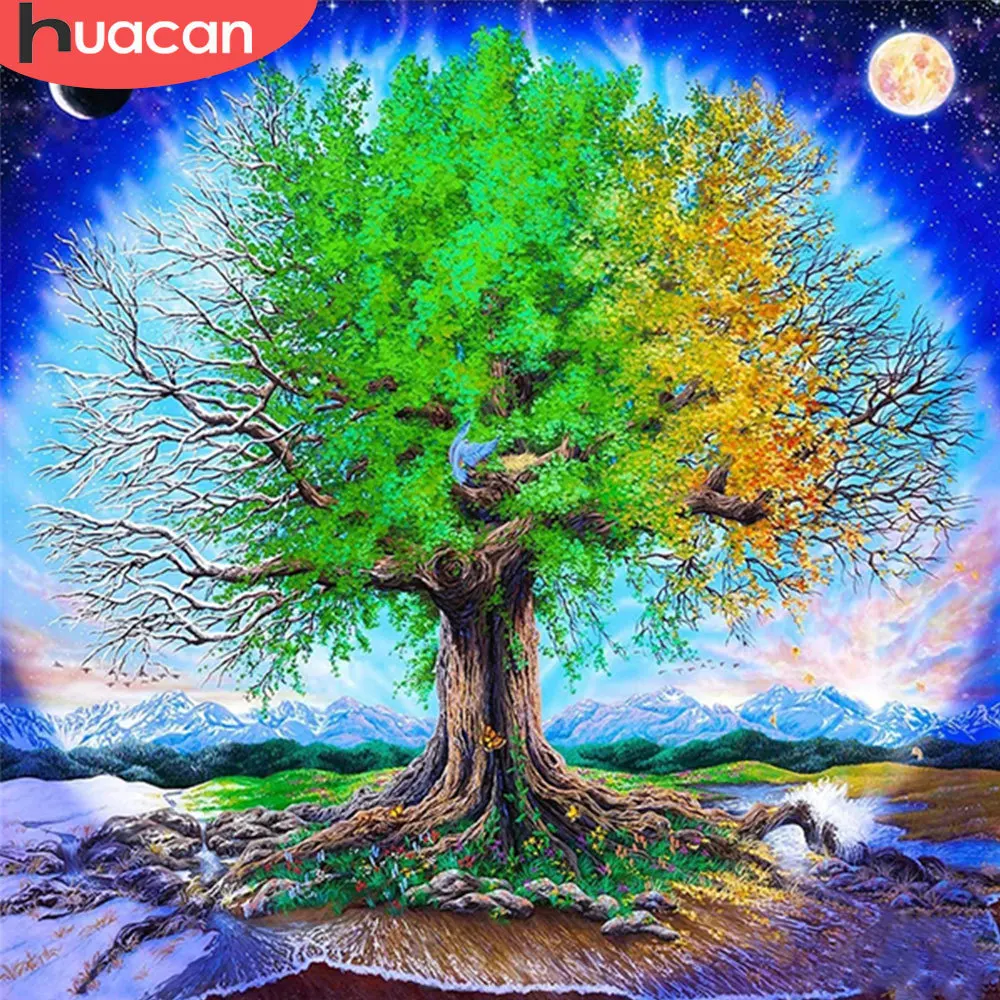 

Алмазная 5d-картина HUACAN «сделай сам», мозаика с деревом, луна, полная выкладка, круглая вышивка крестиком, пейзаж, домашний декор