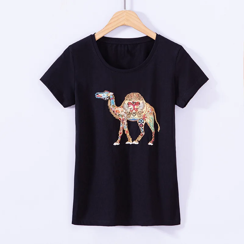 Straight T-shirt slim round neck short sleeve top hand nail bead printing large size comfortable 3225
Straight T-shirt slim round neck short sleeve top hand nail bead printing large size comfortable 3225