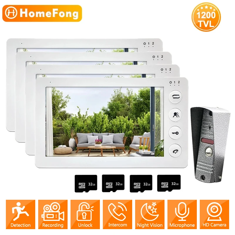 

HomeFong 7 Inch Intercom Video Door Phone for Villa 4 Monitors 1 Doorbell Camera 1200TVL IP65 with Motion Sensor Unlock Record