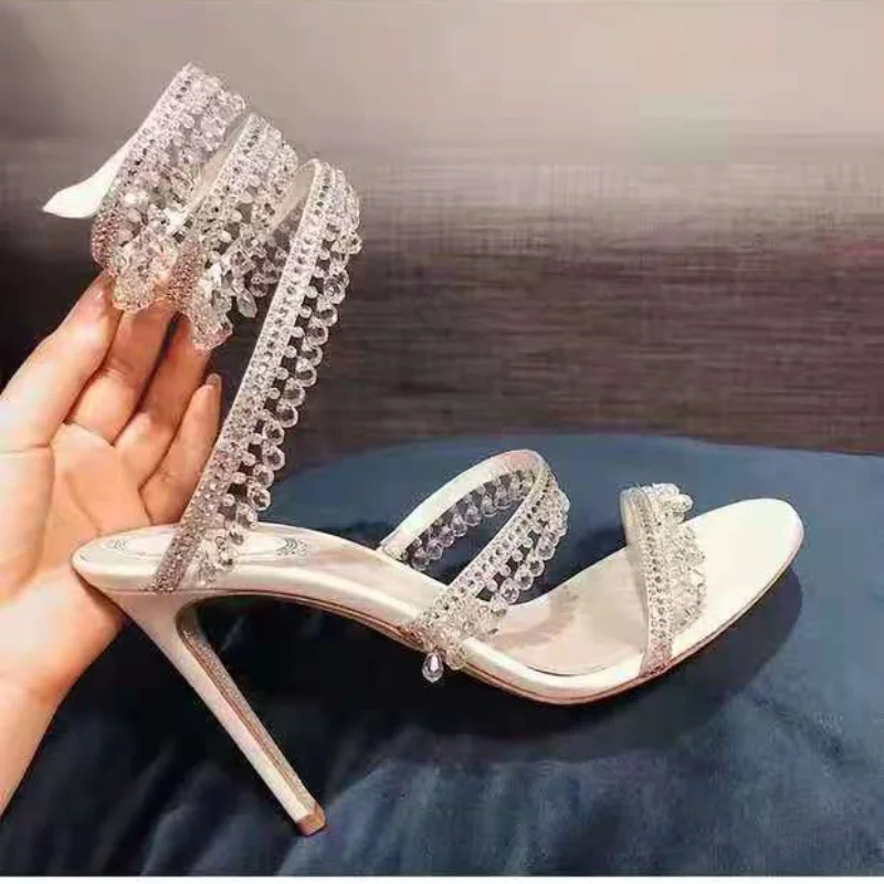 

Bling Crystal Sandals Beading Coiled Ankle Strap High Heel Party Shoes Summer Gladiator Strappy Sandals Woman