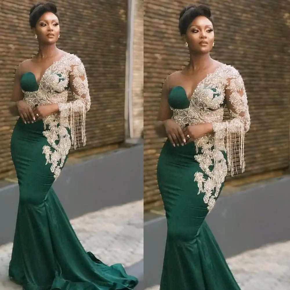 Dubai Hunter Green Evening Dresses One Shoulder Long Sleeves Beaded Pearls Mermaid Sweep Train Custom Made Prom Party Gown
Dubai Hunter Green Evening Dresses One Shoulder Long Sleeves Beaded Pearls Mermaid Sweep Train Custom Made Prom Party Gown