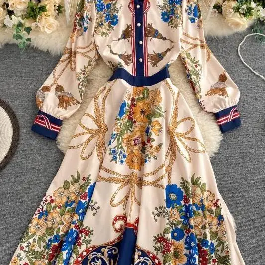 2020 Women Vintage Print Dress Autumn Stand Collar Button Long Sleeve A-line Dress Korean Fashion Streetwear Midi Long Dress
2020 Women Vintage Print Dress Autumn Stand Collar Button Long Sleeve A-line Dress Korean Fashion Streetwear Midi Long Dress