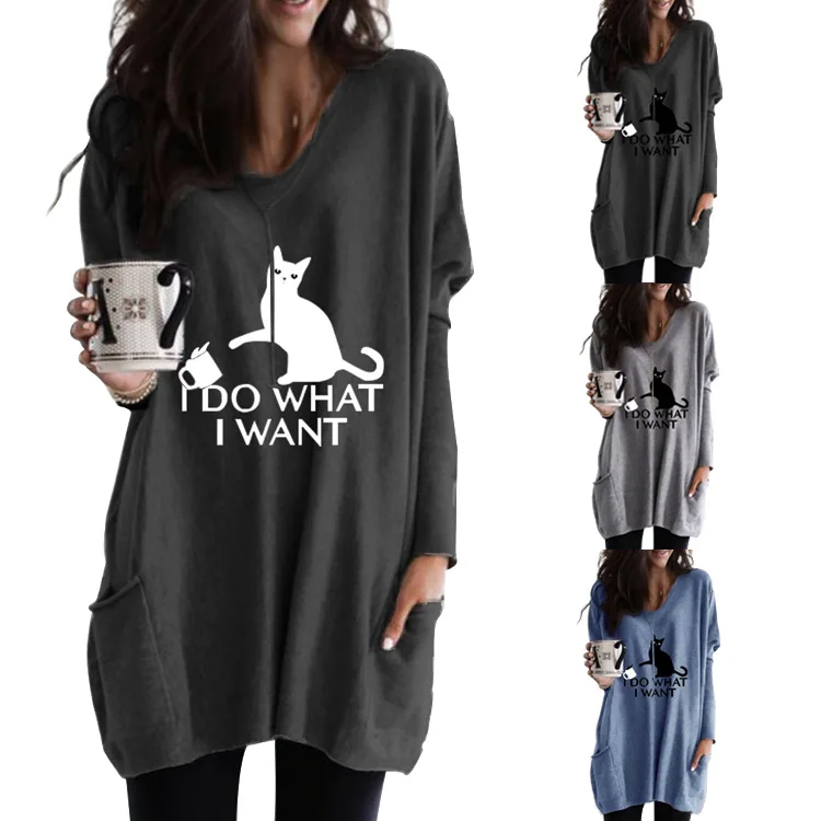 Женская футболка средней длины с принтом кошек, хлопковая футболка с длинным рукавом и V-образным вырезом, с карманами, осень 2019
Женская футболка средней длины с принтом кошек, хлопковая футболка с длинным рукавом и V-образным вырезом, с карманами, осень 2019
