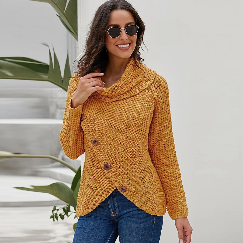 Fashion Women Spring Sweaters Irregular Turtleneck Button Sweater for Women Women Solid Long Sleeve Jumper 2021 Wholesale
Fashion Women Spring Sweaters Irregular Turtleneck Button Sweater for Women Women Solid Long Sleeve Jumper 2021 Wholesale