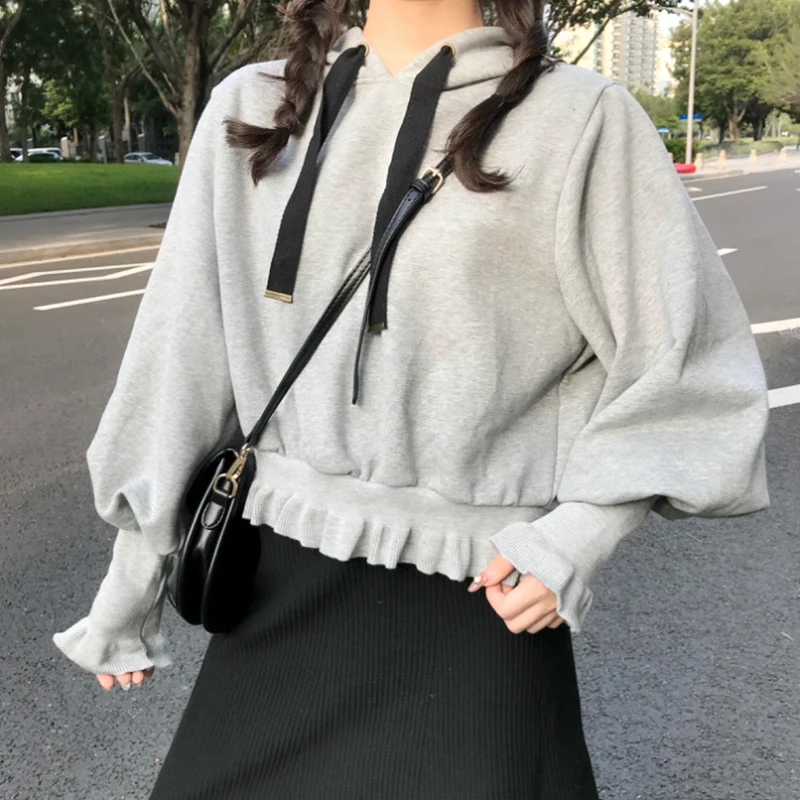 Autumn Cute Sweatshirt New Casual Short Ruffles Hooded Pullover Outwear Vintage Lantern Sleeve Ulzzang Gray Women Sweatshirt
Autumn Cute Sweatshirt New Casual Short Ruffles Hooded Pullover Outwear Vintage Lantern Sleeve Ulzzang Gray Women Sweatshirt