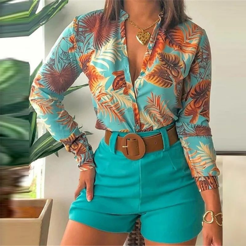 Spring Summer New Style Print Stand Collar Long Sleeve Shirt And Shorts Suits Fashion Single-Breasted Casual Women Two Piece Set
Spring Summer New Style Print Stand Collar Long Sleeve Shirt And Shorts Suits Fashion Single-Breasted Casual Women Two Piece Set
