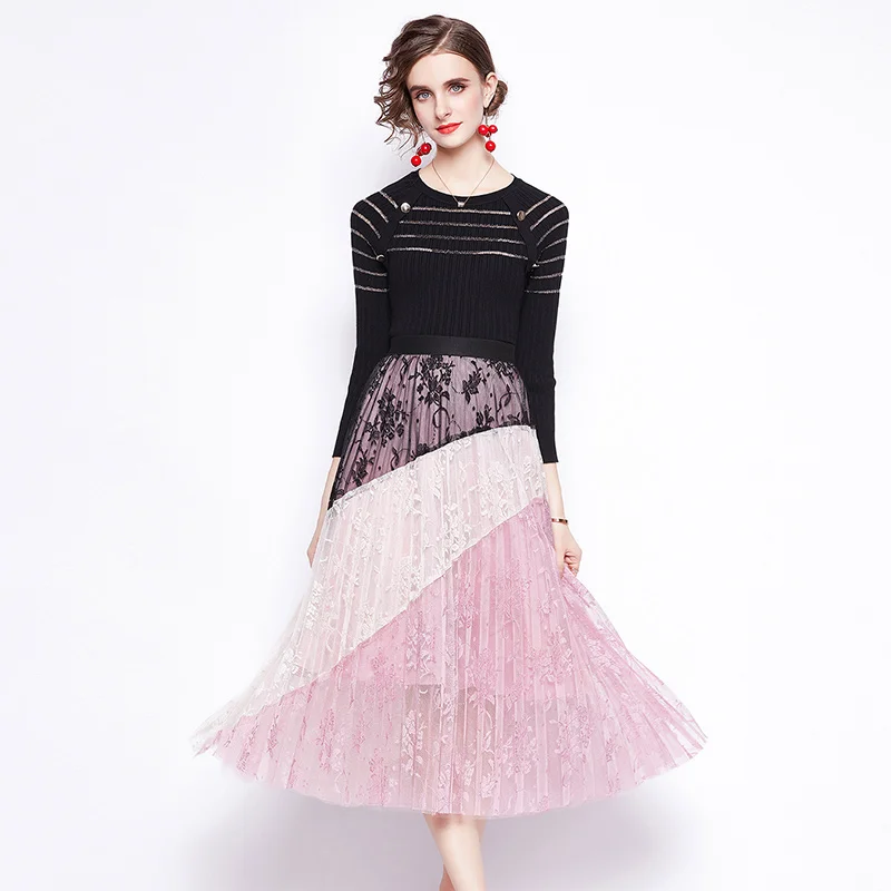 Ladies Vogue Lace Skirt Suits Women Sets 2PCS Black Knitted Striped Tops&Pleated Pink Skirt Elegant Party Work Wear Streetwear
Ladies Vogue Lace Skirt Suits Women Sets 2PCS Black Knitted Striped Tops&Pleated Pink Skirt Elegant Party Work Wear Streetwear