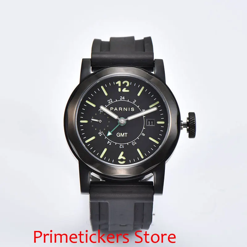 PVD coated case 44mm PARNIS black dial sapphire glass black leather strap sea-gull GMT automatic mens watch
PVD coated case 44mm PARNIS black dial sapphire glass black leather strap sea-gull GMT automatic mens watch