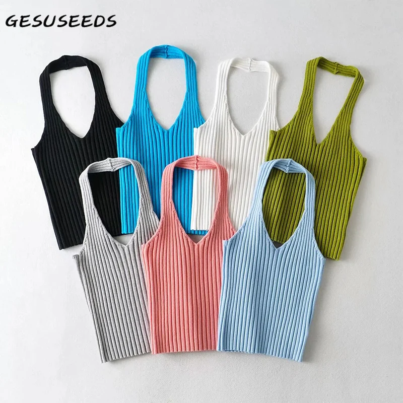 Summer Cropped Top Women Sleeveless Tops Corset Sexy Tank Top Knitted Backless Tops Ribbed Solid Vest Pink Black Halter Top 2021
Summer Cropped Top Women Sleeveless Tops Corset Sexy Tank Top Knitted Backless Tops Ribbed Solid Vest Pink Black Halter Top 2021