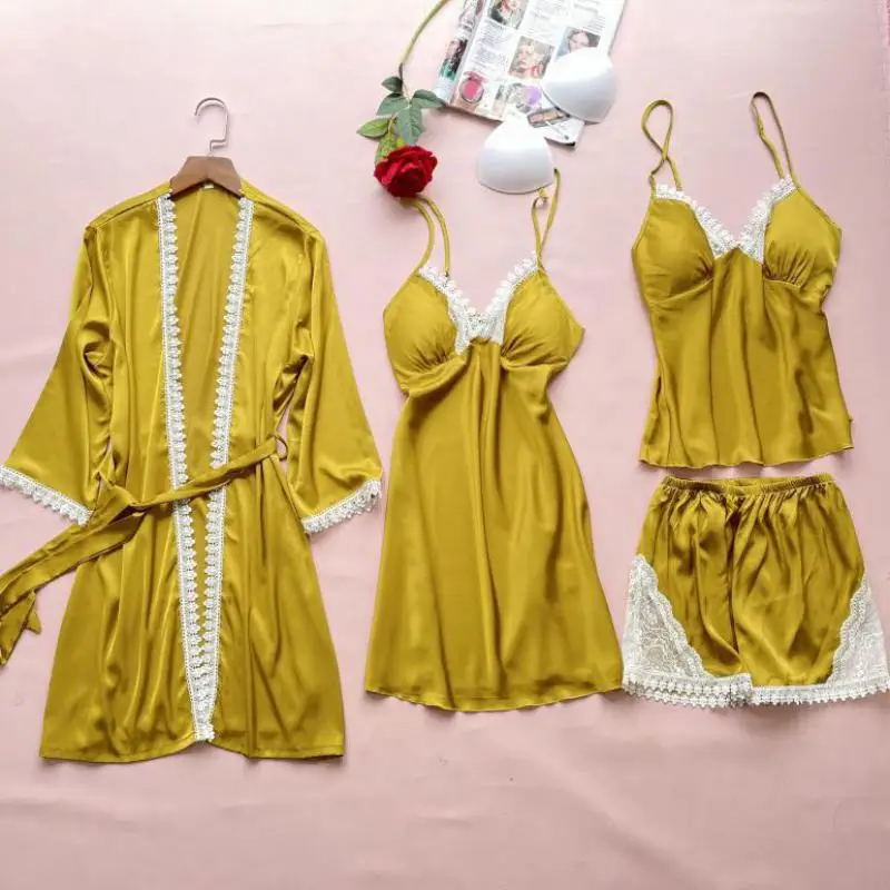 Sexy Sleepwear Women 4PCS Pajamas Suit V-Neck Lace Pyjamas Pour Femme Kimono Robe Gown Summer Thin Faux Silk Home Clothes
Sexy Sleepwear Women 4PCS Pajamas Suit V-Neck Lace Pyjamas Pour Femme Kimono Robe Gown Summer Thin Faux Silk Home Clothes
