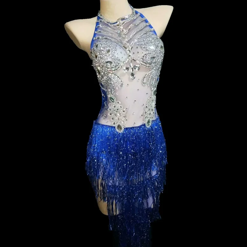 Платье женское со стразами и бахромой сценический костюм певицы танцовщицы