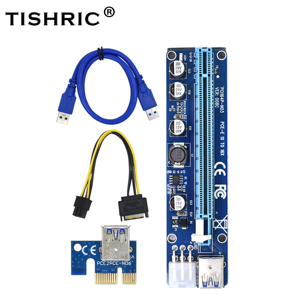 

10Pcs TISHRIC Riser Card VER008C Molex 6 pin PCIE PCI-E pci Express 1X to 16X Adapter SATA TO USB 3.0 Cable Mining Bitcoin Miner