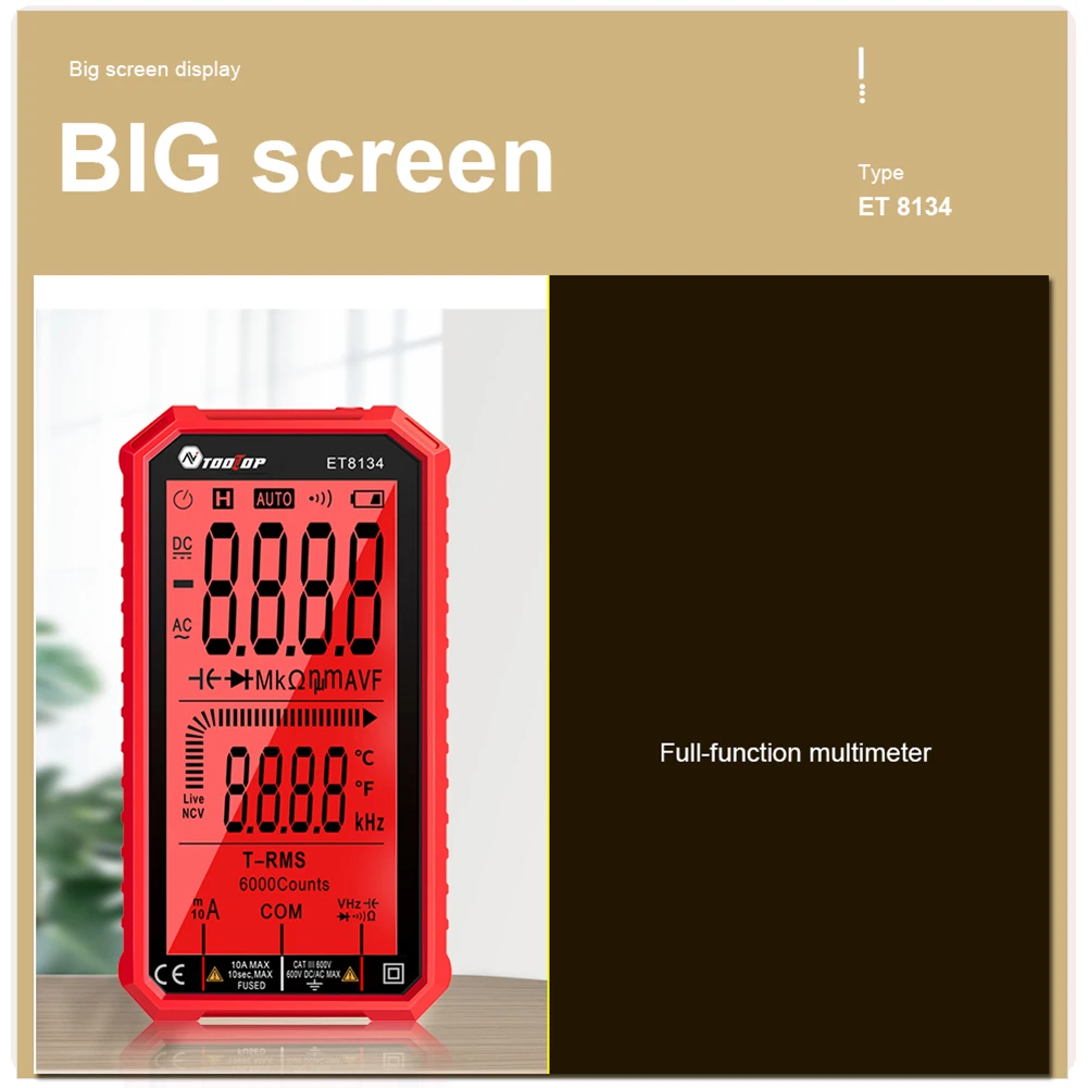 ET8134 Auto Range Voltmeter Ammeter Tester Meter Portable 6000 Counts LCD Display Digital Multimeter with Thermocouple
ET8134 Auto Range Voltmeter Ammeter Tester Meter Portable 6000 Counts LCD Display Digital Multimeter with Thermocouple