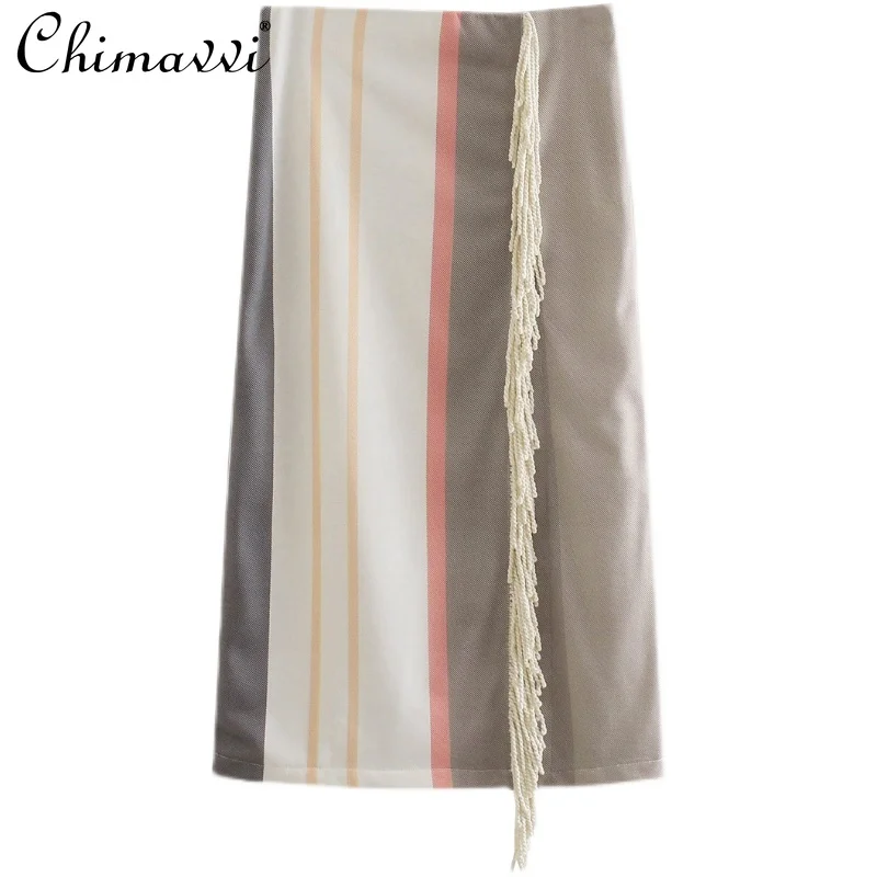 Women Color Matching Vertical Stripe Skirt High Waist Tassel Slimming Slit Midi Skirt Female Korean Fashion Long Skirt
Women Color Matching Vertical Stripe Skirt High Waist Tassel Slimming Slit Midi Skirt Female Korean Fashion Long Skirt