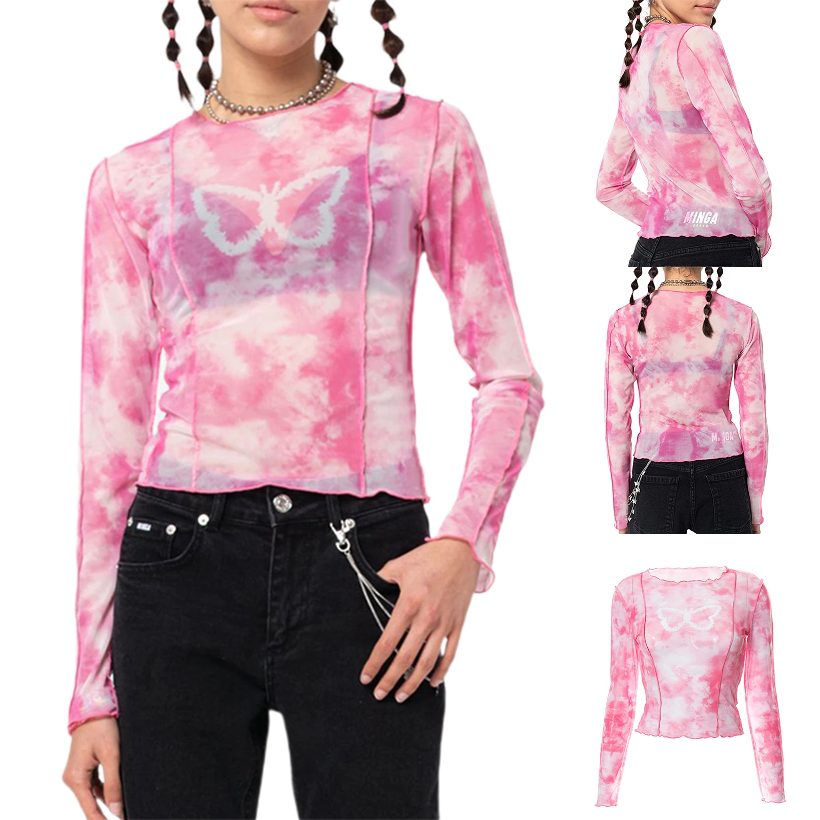 Women Sheer Mesh Butterfly Tops, Long Sleeve Crew Neck Tie Dye Print Stitch T-Shirts
Women Sheer Mesh Butterfly Tops, Long Sleeve Crew Neck Tie Dye Print Stitch T-Shirts