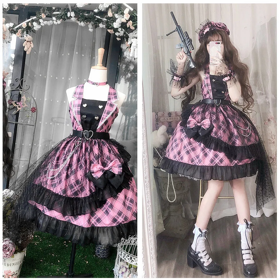 

Sweetheart Sniper Lolita Cosplay Black Cool Girl JSK Suspender Dress Summer Harajuku Gothic Retro Party Plaid Mini Lovely Dress