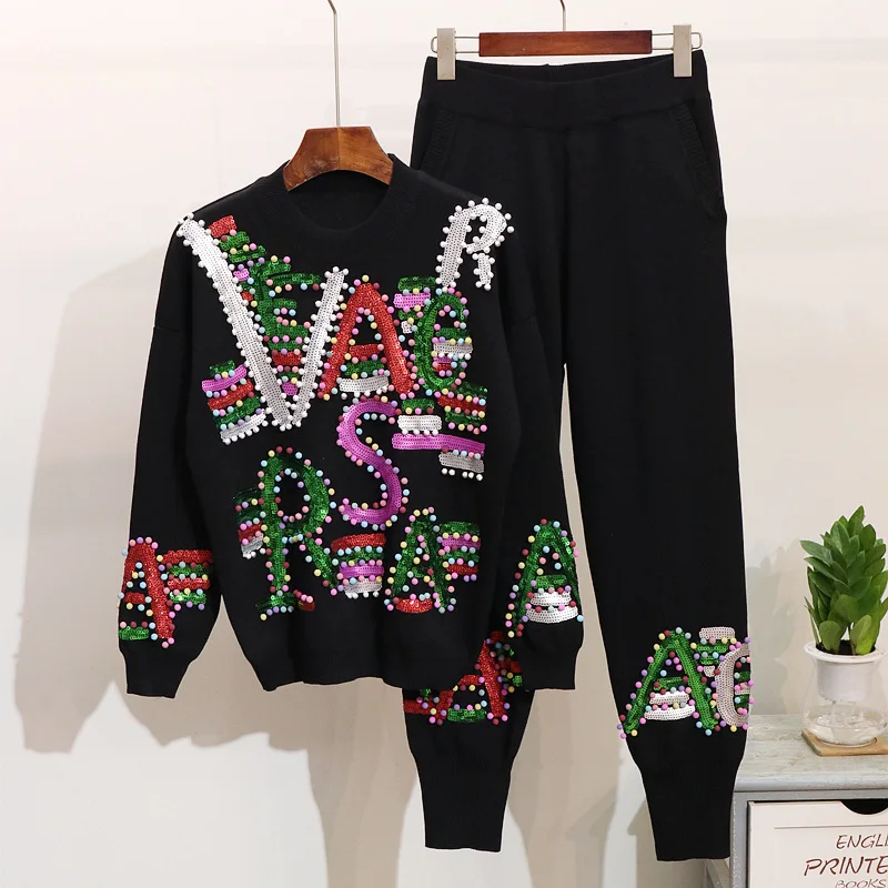 Autumn Winter New Two Piece Set Women Fashion Sequins Beading Letter Loose knitted Sweater + Casual Pants Set Women Tide G382
Autumn Winter New Two Piece Set Women Fashion Sequins Beading Letter Loose knitted Sweater + Casual Pants Set Women Tide G382