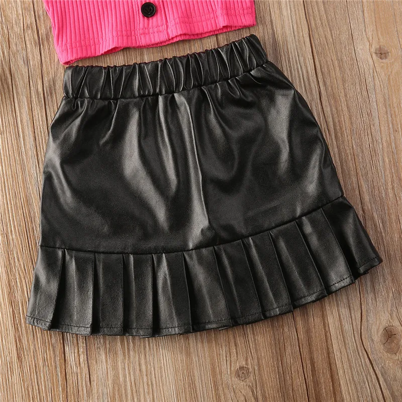 Summer Fashion Baby Girls Clothes Sets Fly Sleeve Off-shoulder Button T Shirts Tops+PU Mini Skirts 2Pcs Party Kid Clothing 1-6Y
Summer Fashion Baby Girls Clothes Sets Fly Sleeve Off-shoulder Button T Shirts Tops+PU Mini Skirts 2Pcs Party Kid Clothing 1-6Y