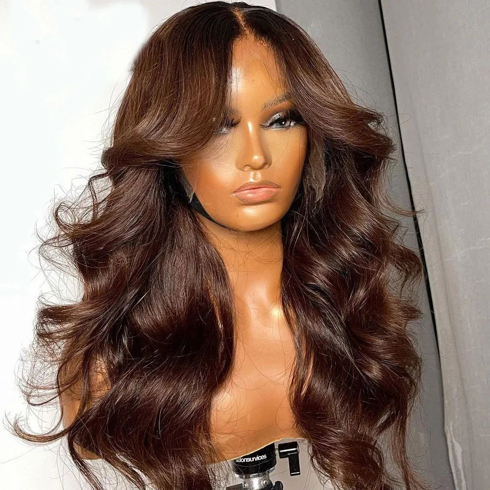 

Chocolate Brown Wavy 360 Lace Frotnal Human Hair Wig With Pre Plucked Nautral Hairline Transprent Lace Front Remy Fringe Wig