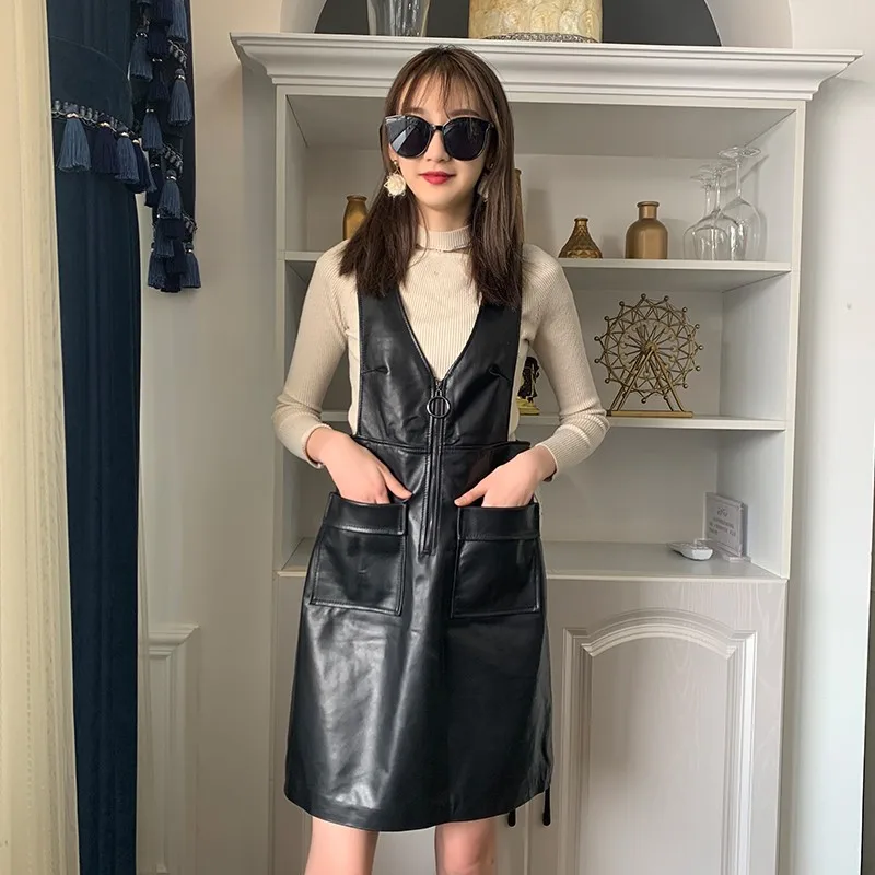 Women Sheepskin Fashion Strap Dress Ladies High Waist Slim Fit Genuine Leather Sunspender Dress Casual V Neck Mini Sundress 3XL 
Women Sheepskin Fashion Strap Dress Ladies High Waist Slim Fit Genuine Leather Sunspender Dress Casual V Neck Mini Sundress 3XL