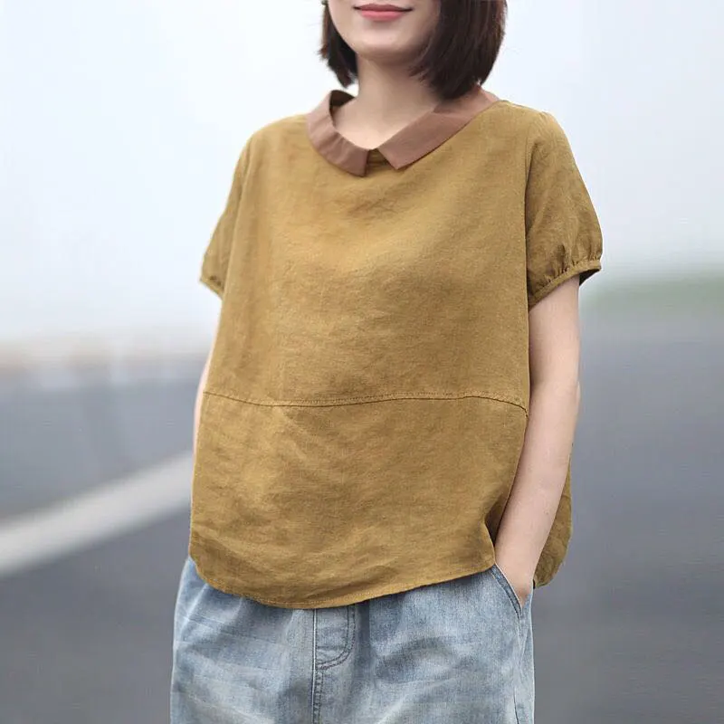 Women Shirt Summer Plus Size Loose Casual Short Sleeve Peter Pan Collar Patchwork linen Tops Vintage Female T-shirt Big 2021
Women Shirt Summer Plus Size Loose Casual Short Sleeve Peter Pan Collar Patchwork linen Tops Vintage Female T-shirt Big 2021