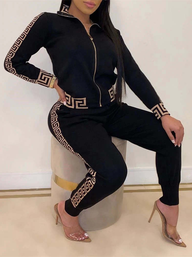 

2021 Tracksuits Women Elegant Two-Pieces Suit Sets Female Stylish Plus Size Greek Fret Print Coat & Pant Zip Joggers