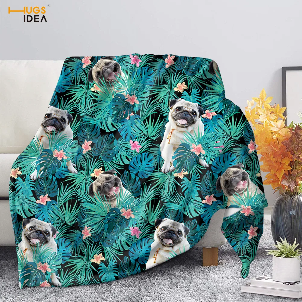 

Фланелевое Одеяло HUGSIDEA, милый Декор 3D мопс, собака с узором листьев для спальни, плюшевое тонкое покрывало для дивана, кушетки, теплое мягкое...