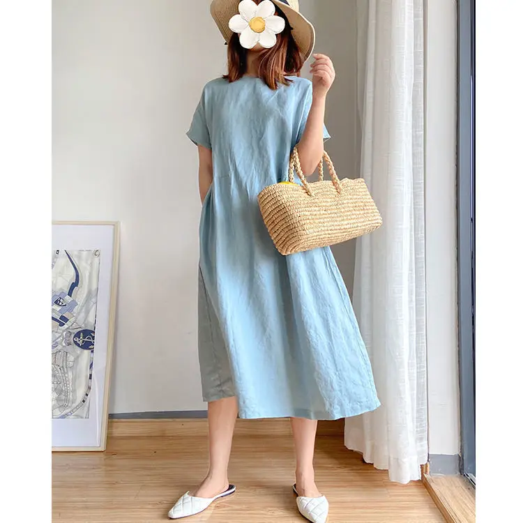 Simple literary fan loose slim dress female summer 2020 new large size fat mm200 kg mid-length skirt 
Simple literary fan loose slim dress female summer 2020 new large size fat mm200 kg mid-length skirt