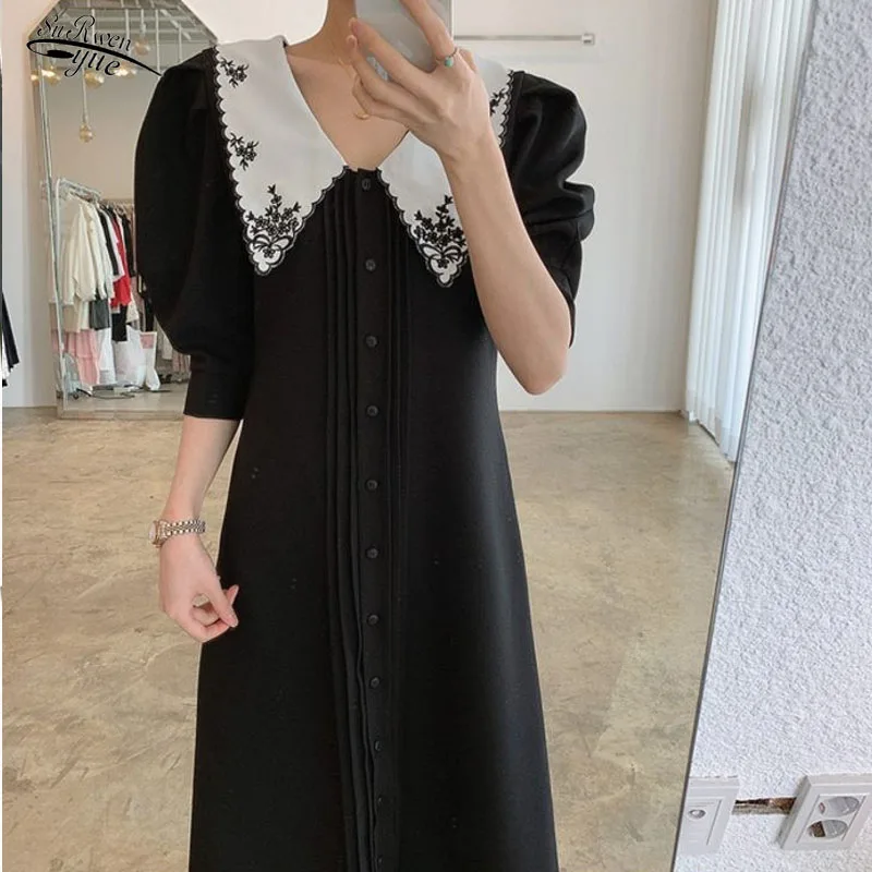 Single-breasted white dress female lapel elegant black dress retro embroidery summer long skirt female robe 14702
Single-breasted white dress female lapel elegant black dress retro embroidery summer long skirt female robe 14702