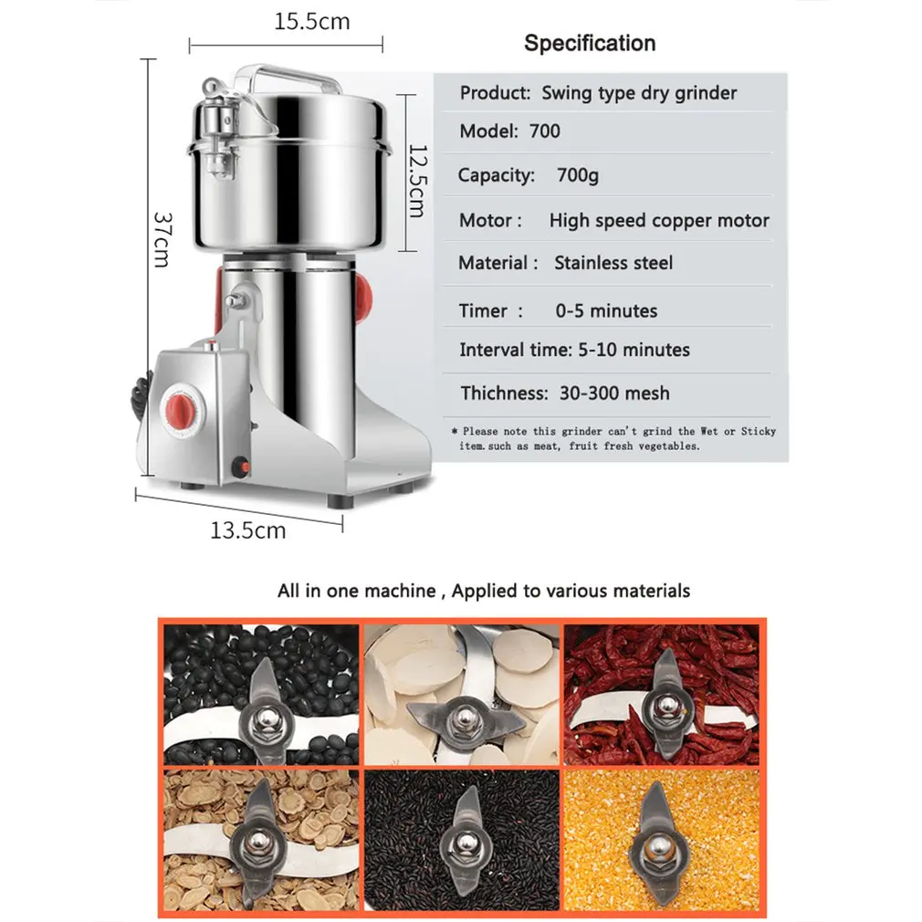 700g Grains Spices Hebals Cereals Coffee Dry Food Grinder Mill Grinding Machine Gristmill Home Medicine Flour Powder Crusher
700g Grains Spices Hebals Cereals Coffee Dry Food Grinder Mill Grinding Machine Gristmill Home Medicine Flour Powder Crusher