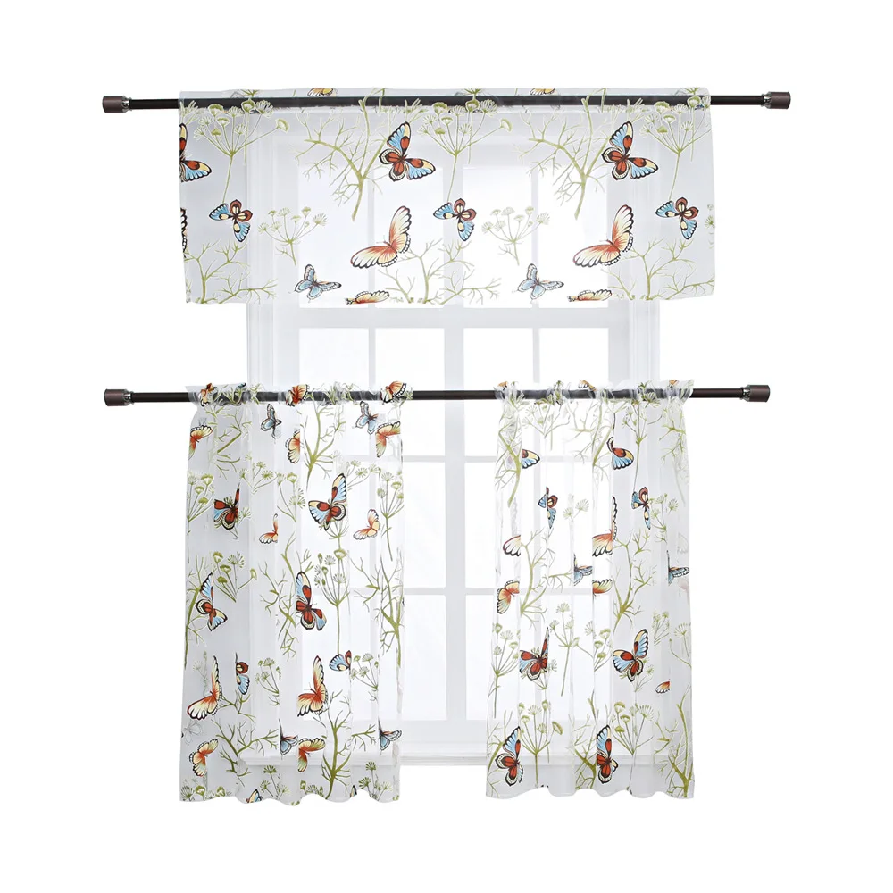 

Butterfly Printed Short Curtain Valance For Kitchen Pastoral Sheer Voile Half Curtains For Girls Bedroom Bathroom Cafe AD843E