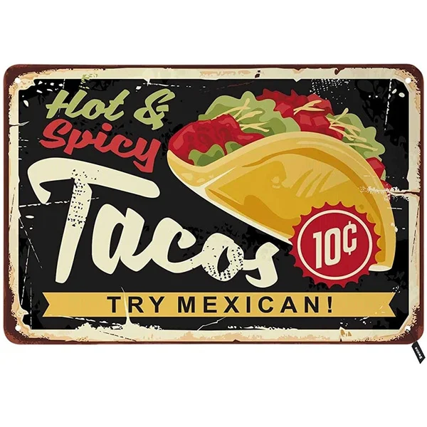 Swono Mexican Tacos Tin Signs,Hot and Spicy Mexican Cuisine with Tasty Taco on Dark Background Vintage Metal Tin Si
Swono Mexican Tacos Tin Signs,Hot and Spicy Mexican Cuisine with Tasty Taco on Dark Background Vintage Metal Tin Si