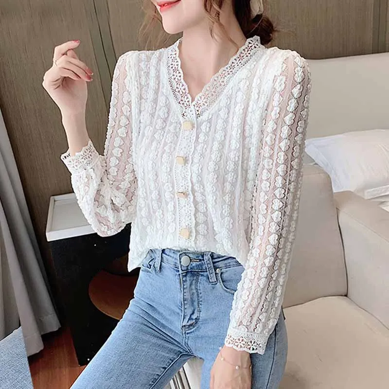 Autumn V-neck Crochet Women Shirt Lace Korean Chic Cotton Hollow Office Lady Tops Long Sleeve Lace Blouse Women Clothing 12567
Autumn V-neck Crochet Women Shirt Lace Korean Chic Cotton Hollow Office Lady Tops Long Sleeve Lace Blouse Women Clothing 12567