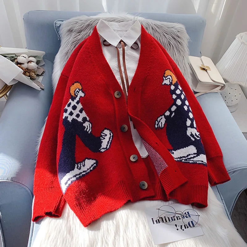Women 2021 Fashion Oversized Character Pattern Knitted Cardigan Sweater Vintage V Neck Long Sleeve Female Outerwear Chic Tops
Women 2021 Fashion Oversized Character Pattern Knitted Cardigan Sweater Vintage V Neck Long Sleeve Female Outerwear Chic Tops