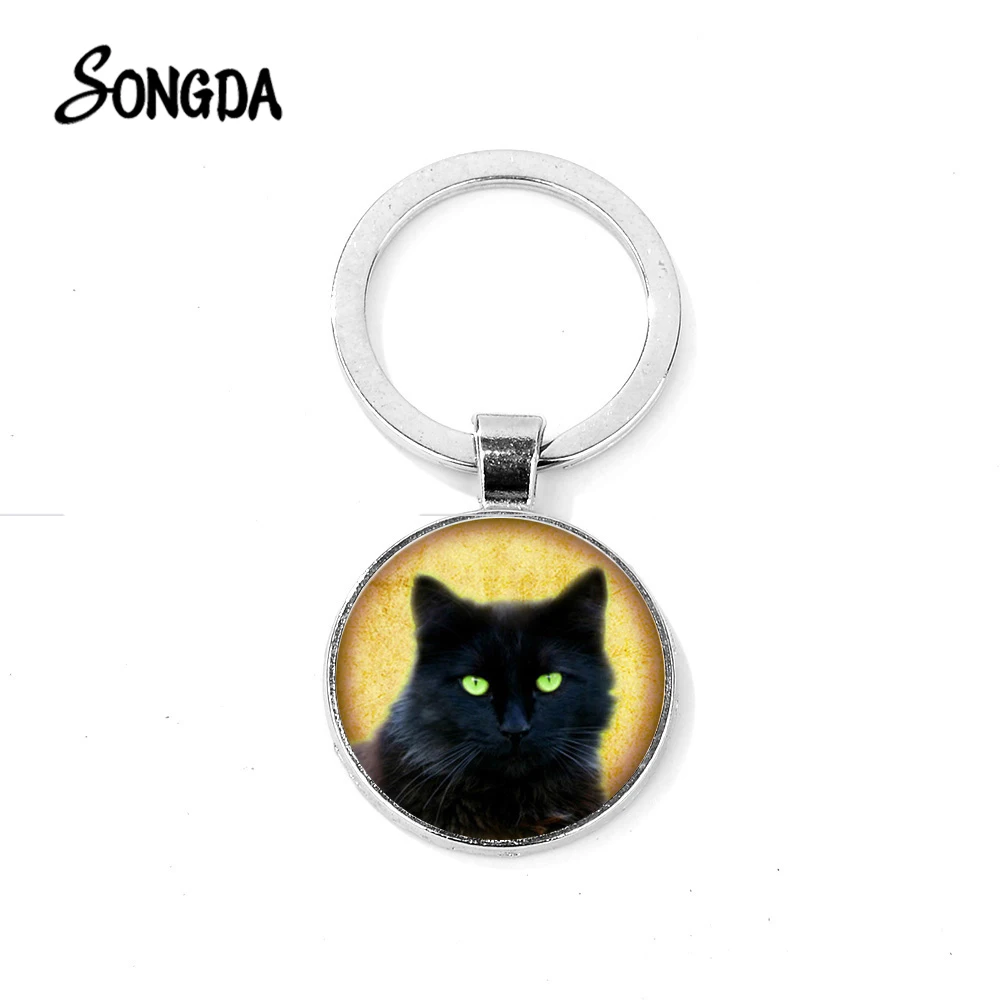 Черная кошка светящиеся глаза стеклянный купол на брелок Хэллоуин котенка милые