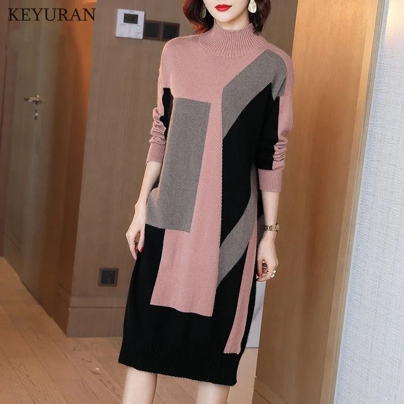 Oversized Knitted Sweater Dress Autumn 2021 Long Sleeve Casual Elegant Warm Winter Half Turtleneck Color Block Dresses For Women
Oversized Knitted Sweater Dress Autumn 2021 Long Sleeve Casual Elegant Warm Winter Half Turtleneck Color Block Dresses For Women