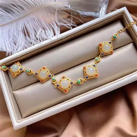 Duobao Bracelet S925 Sterling Silver Inlaid Natural Hetian Jade Embellished Lapis South Red Turquoise Vintage Court Style
Duobao Bracelet S925 Sterling Silver Inlaid Natural Hetian Jade Embellished Lapis South Red Turquoise Vintage Court Style