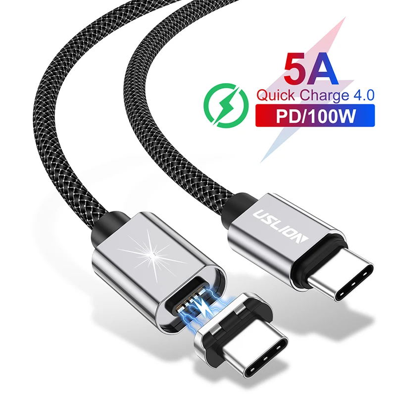 Магнитный кабель USLION 5A USB Type C к для MacBook 100 Вт PD Сверхбыстрая зарядка USB-C Type-C провод
