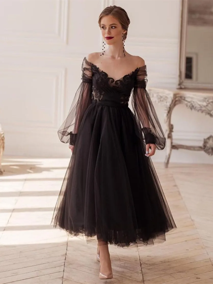 Women Black Tulle Prom Dress Backless Tea-Length Long Sleeves Evening Dress Dinner Party Gown Plus Size платья для женщин
Women Black Tulle Prom Dress Backless Tea-Length Long Sleeves Evening Dress Dinner Party Gown Plus Size платья для женщин