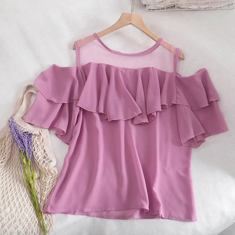 4689 Ruffle chiffon shirt women's gentle temperament loose cool thin mesh stitching off shoulder short sleeve shirt
4689 Ruffle chiffon shirt women's gentle temperament loose cool thin mesh stitching off shoulder short sleeve shirt