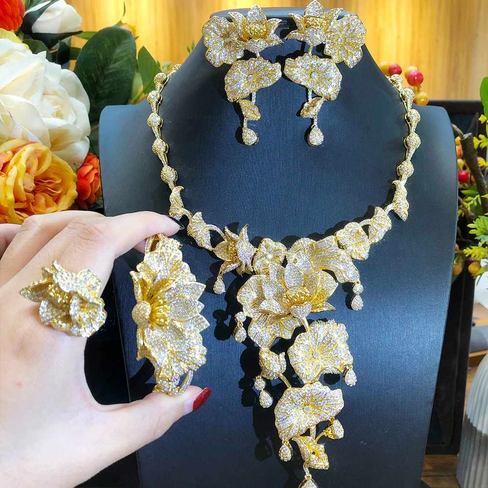KellyBola Big Fashion 4PCS Luxury Lotus Flowers Jewelry Sets For Women Wedding African Indian Cubic Zircon Dubai Bridal Jewelry
KellyBola Big Fashion 4PCS Luxury Lotus Flowers Jewelry Sets For Women Wedding African Indian Cubic Zircon Dubai Bridal Jewelry