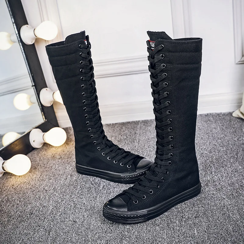 

2019 new women fashion High-top zipper and lace boots Spring/Autumn Long-barreled casual flats canvas boots big size 34-43 QA-32