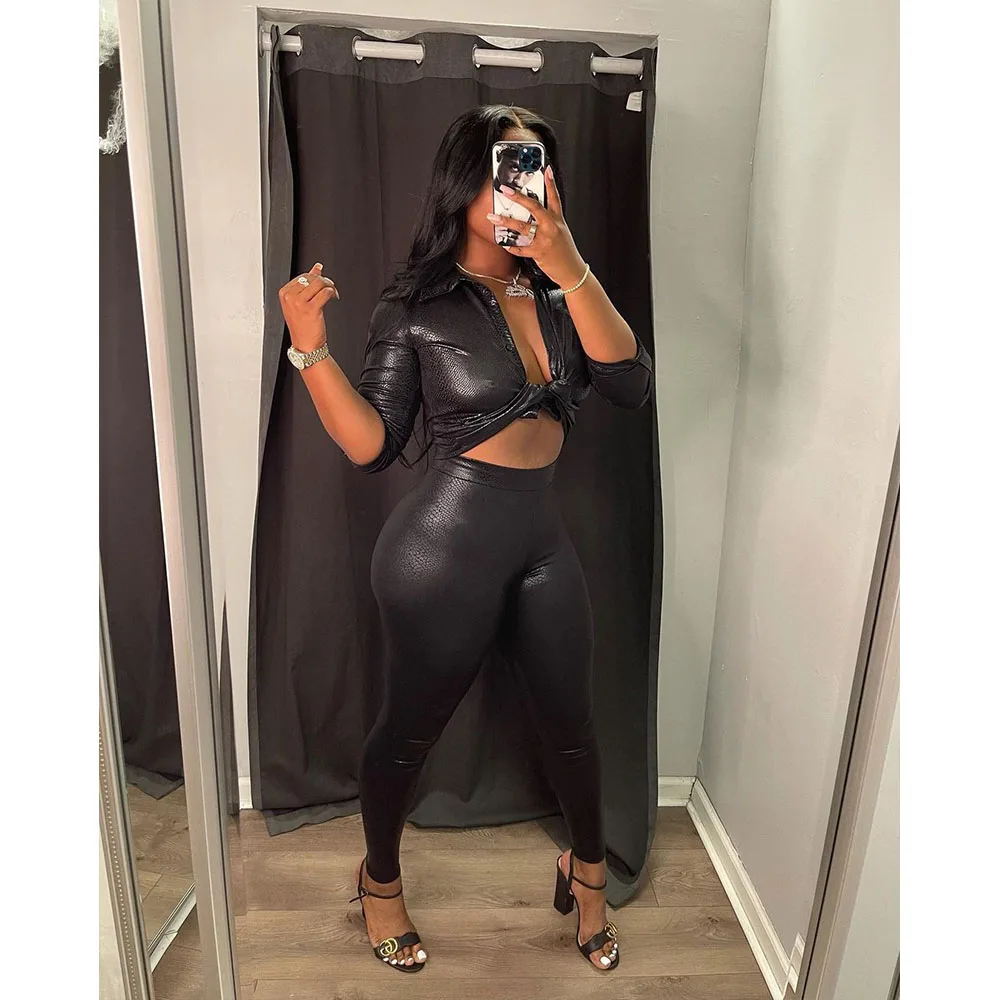 Women SnakeSkin Leather Tracksuit Solid Skinny Shirts Tops + Pencil Pants Two 2 Piece Sets Faux Leather Pants Suit Fall Outfits
Women SnakeSkin Leather Tracksuit Solid Skinny Shirts Tops + Pencil Pants Two 2 Piece Sets Faux Leather Pants Suit Fall Outfits