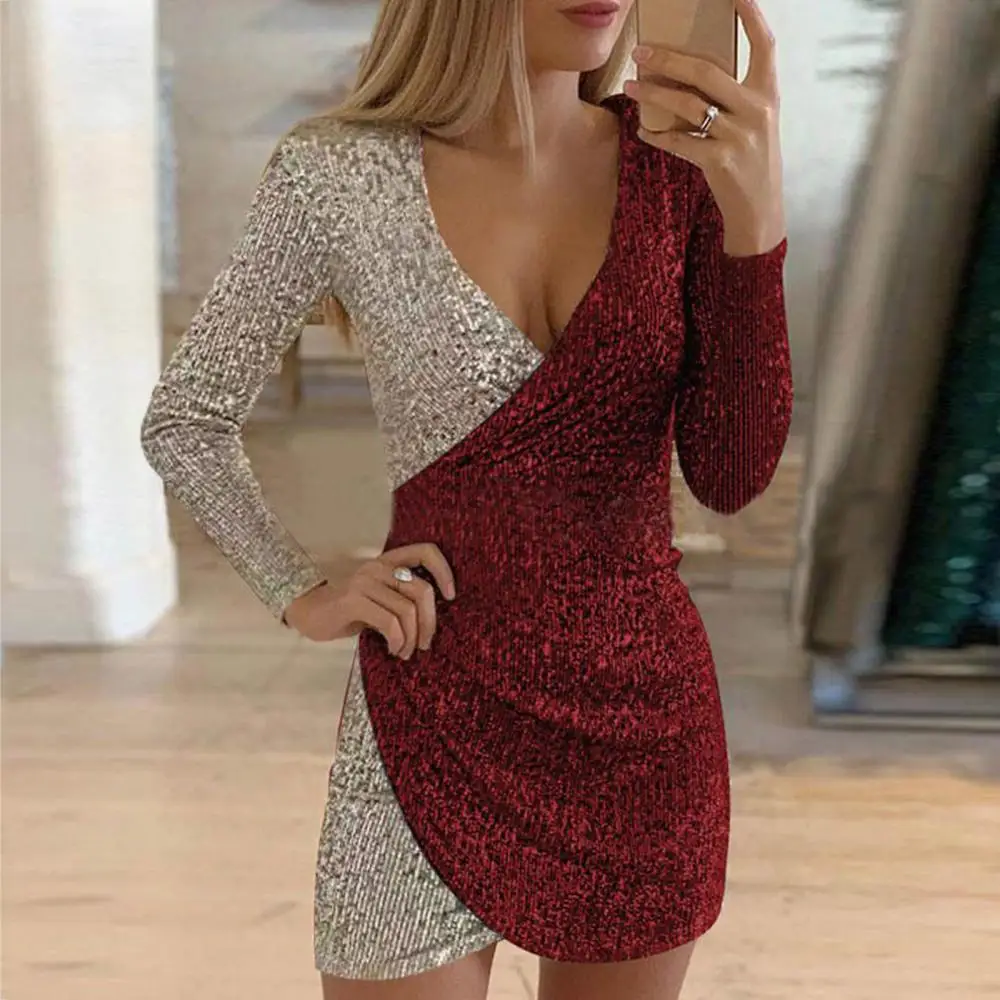 2022 Sequins Decoration Glitter Dresses Female Color Block Spring Sexy Bodycon Deep V-Neck Party Mini Dress
2022 Sequins Decoration Glitter Dresses Female Color Block Spring Sexy Bodycon Deep V-Neck Party Mini Dress