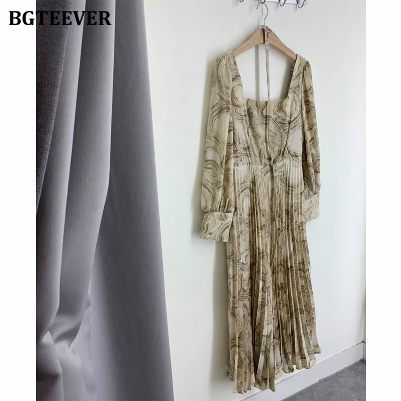 BGTEEVER Элегантный квадратный вырез женское плиссированное платье с длинным