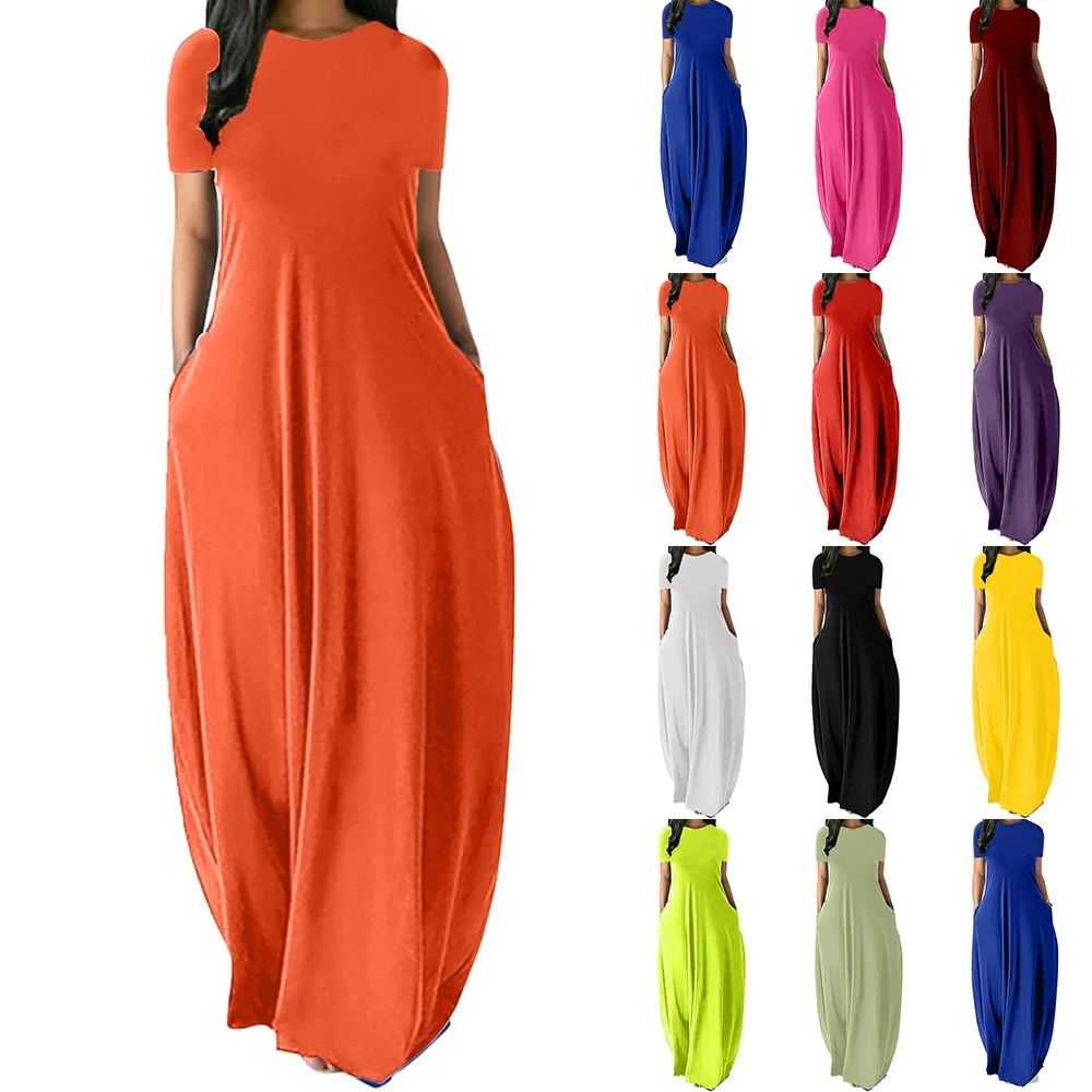 Womens Plain Round Neck Short Sleeve Maxi Casual Fashion Loose Streetwear Solid Color Summer Long Dress with Pocket
Womens Plain Round Neck Short Sleeve Maxi Casual Fashion Loose Streetwear Solid Color Summer Long Dress with Pocket