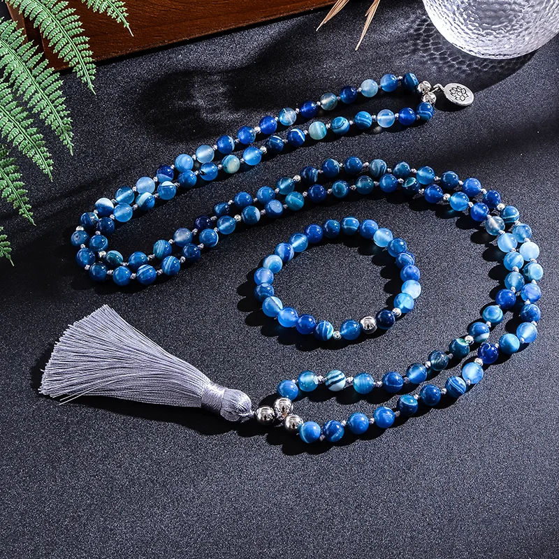 108 Natural 8mm Blue Agate Beaded Knotted Japamala Necklace Meditation Yoga Blessing Jewelry Sets Women's Tibetan Tassel Rosary
108 Natural 8mm Blue Agate Beaded Knotted Japamala Necklace Meditation Yoga Blessing Jewelry Sets Women's Tibetan Tassel Rosary