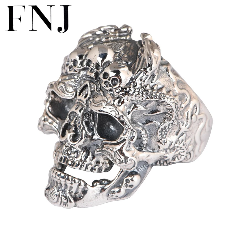 

FNJ 925 Silver Punk Skull Ring Fashion Skeleton Original S925 Sterling Thai Silver Rings for Men Jewelry Adjustable Size