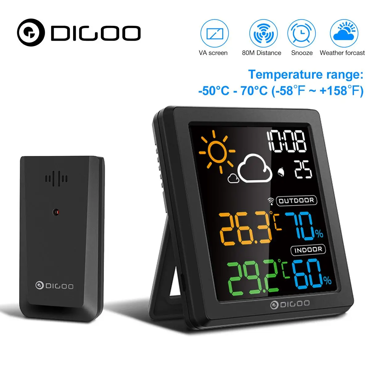 Метеостанция DIGOO HD с цветным ЖК-дисплеем, мини-будильник, умный гигрометр, термометр, Повтор сигнала, настольные часы с двумя часами
Метеостанция DIGOO HD с цветным ЖК-дисплеем, мини-будильник, умный гигрометр, термометр, Повтор сигнала, настольные часы с двумя часами