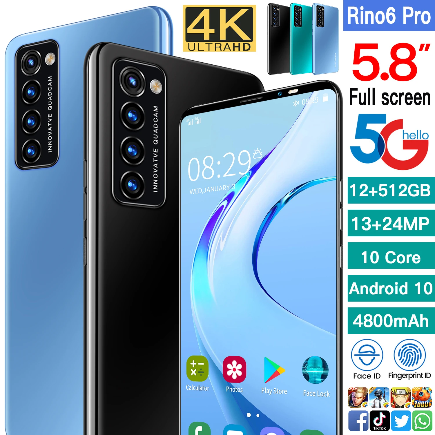 Global Version Rino6 pro Smartphone 12+512GB 4800mAh 5.8Inch 10Core Dual SIM Dual Standby Support Face ID 5G Android CellPhone
Global Version Rino6 pro Smartphone 12+512GB 4800mAh 5.8Inch 10Core Dual SIM Dual Standby Support Face ID 5G Android CellPhone